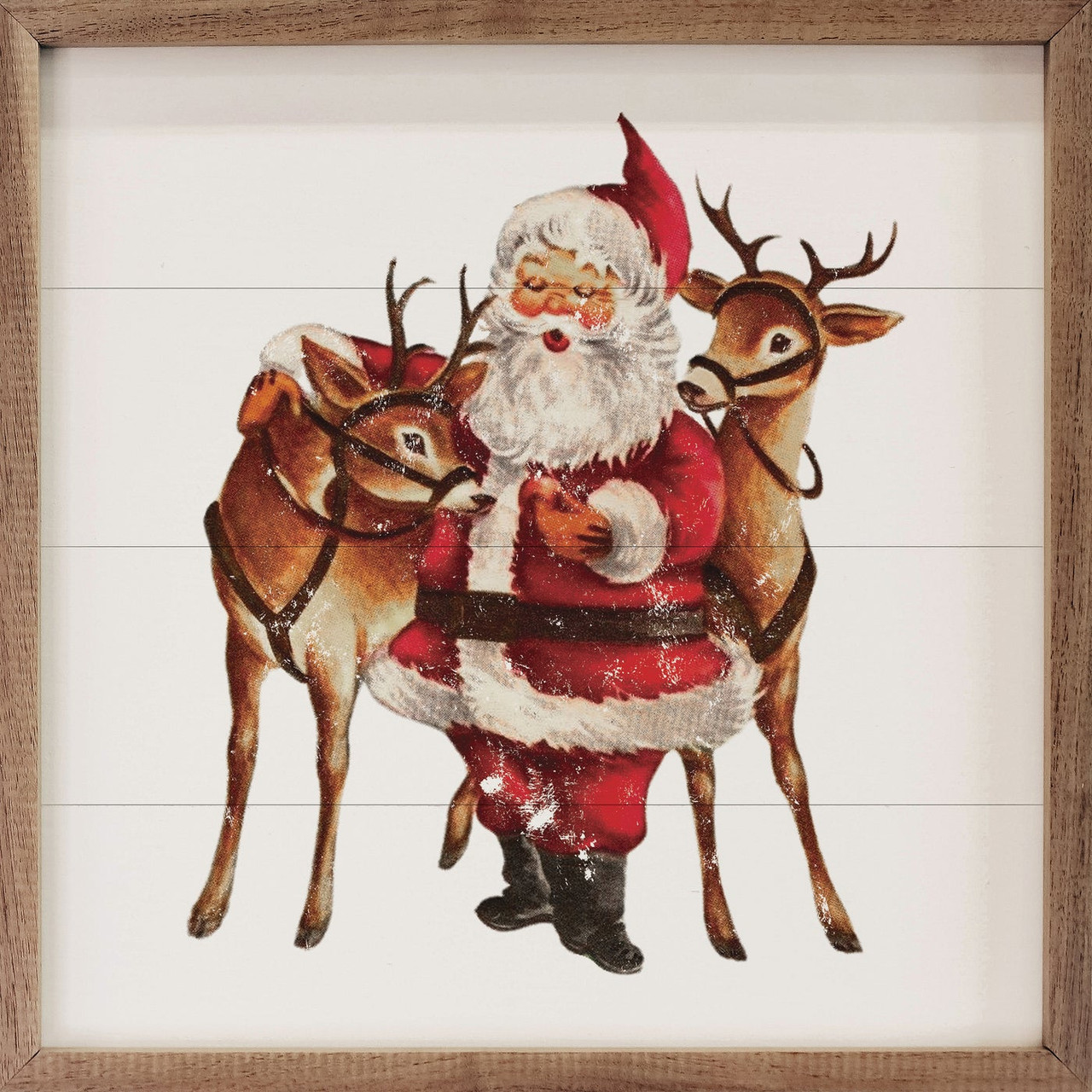 Vintage-style illustration of Santa with two reindeer
